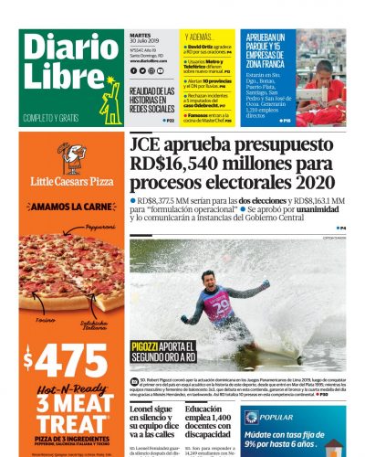 Portada Periódico Diario Libre, Martes 30 de Julio, 2019