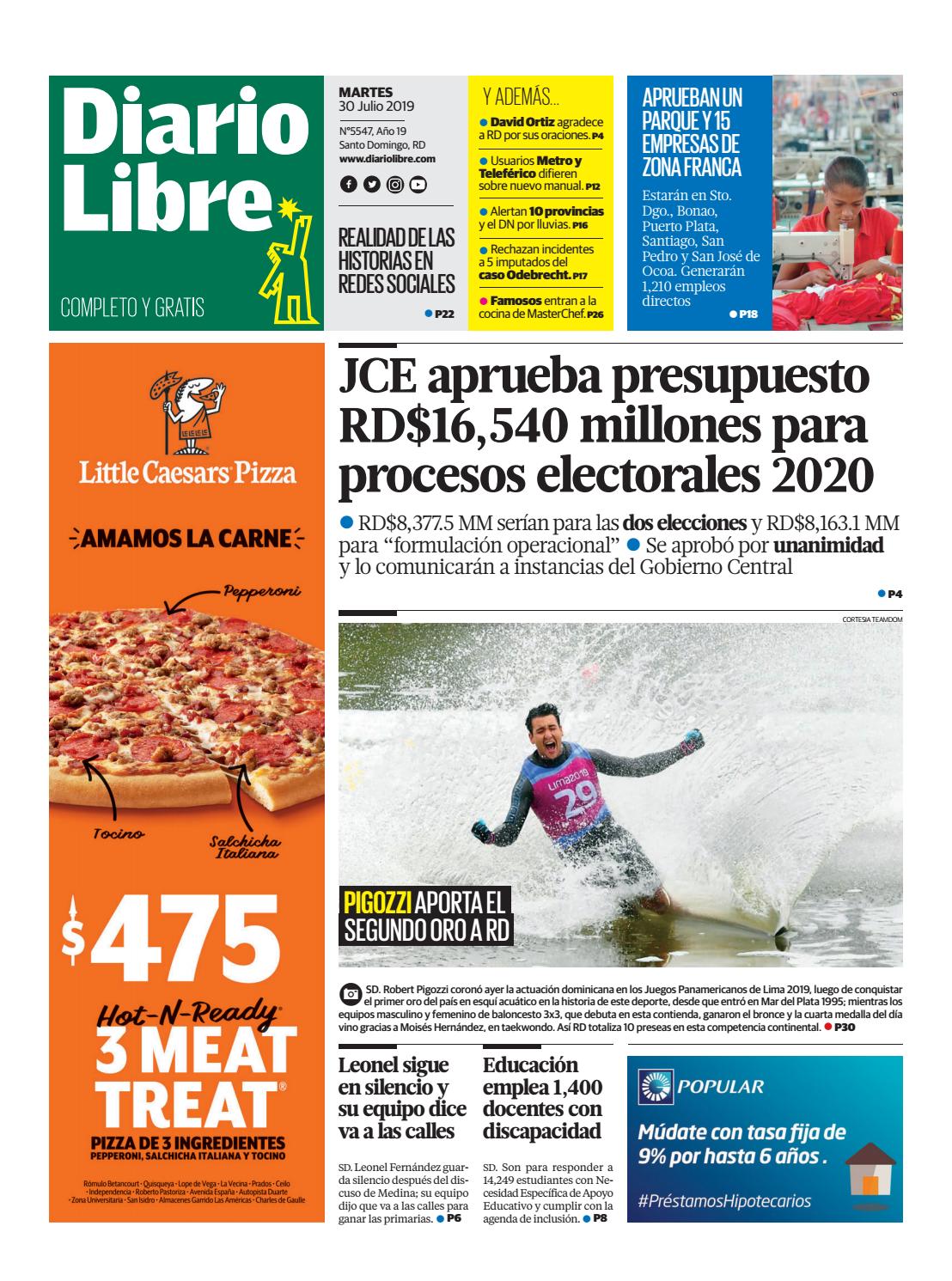 Portada Periódico Diario Libre, Martes 30 de Julio, 2019
