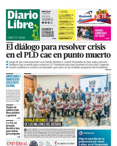 Portada Periódico Diario Libre, Miércoles 03 de Julio, 2019