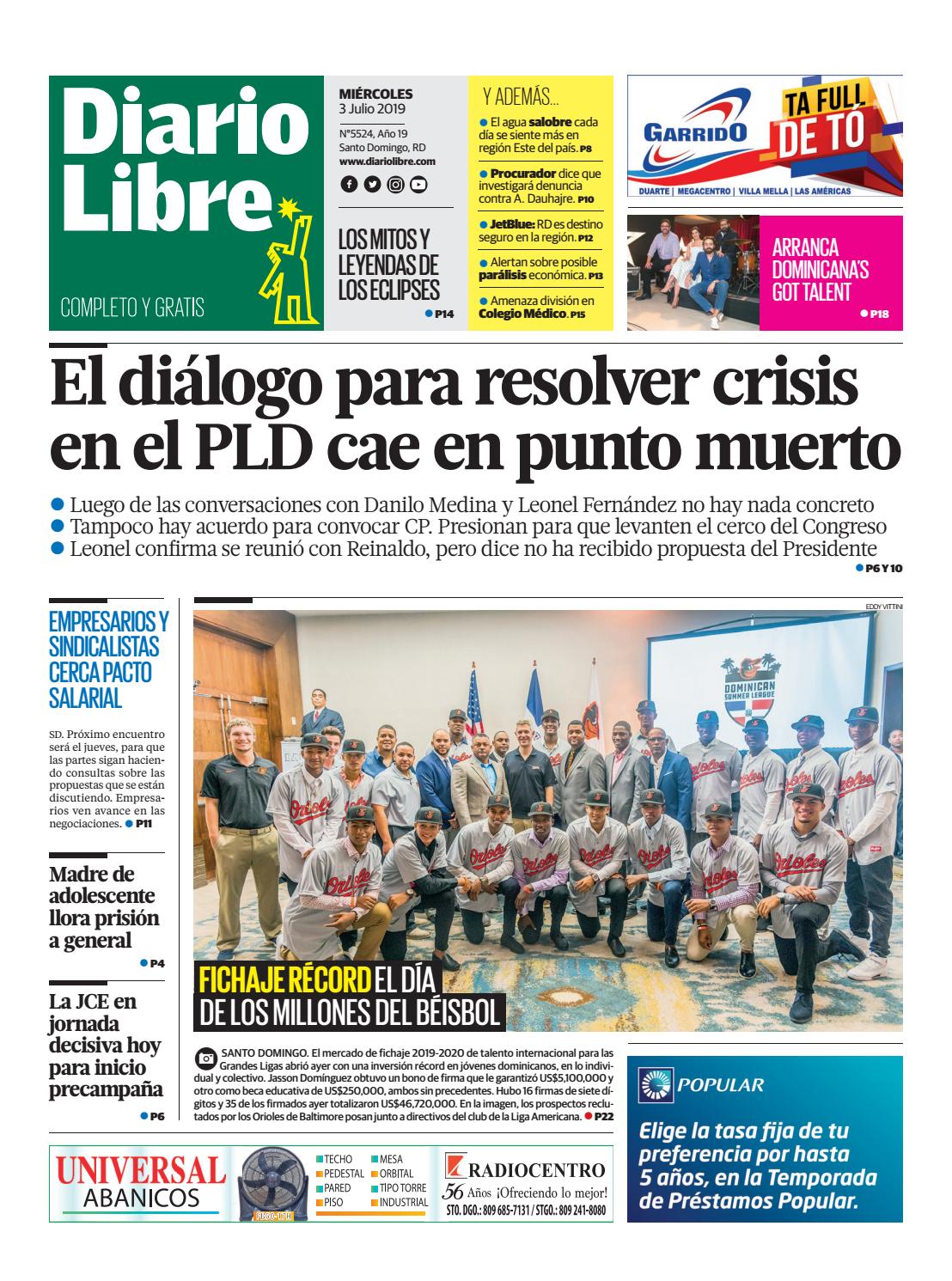Portada Periódico Diario Libre, Miércoles 03 de Julio, 2019