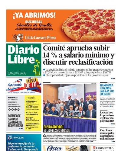 Portada Periódico Diario Libre, Miércoles 10 de Julio, 2019