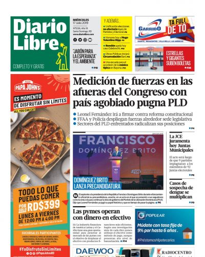 Portada Periódico Diario Libre, Miércoles 17 de Julio, 2019