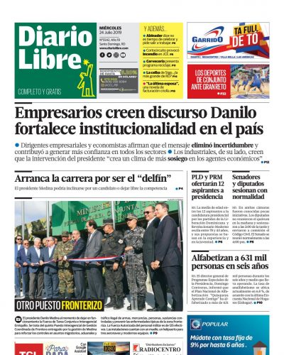 Portada Periódico Diario Libre, Miércoles 24 de Julio, 2019