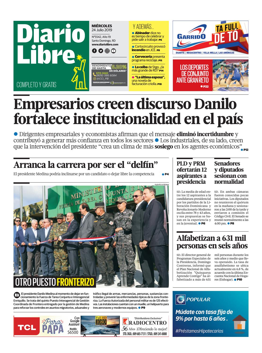 Portada Periódico Diario Libre, Miércoles 24 de Julio, 2019