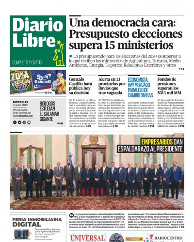 Portada Periódico Diario Libre, Miércoles 31 de Julio, 2019