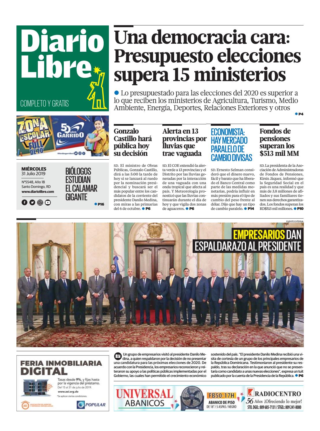 Portada Periódico Diario Libre, Miércoles 31 de Julio, 2019