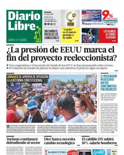 Portada Periódico Diario Libre, Sábado 13 de Julio, 2019