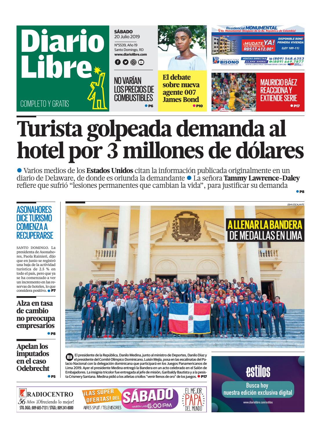 Portada Periódico Diario Libre, Sábado 20 de Julio, 2019