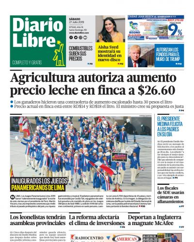 Portada Periódico Diario Libre, Sábado 27 de Julio, 2019