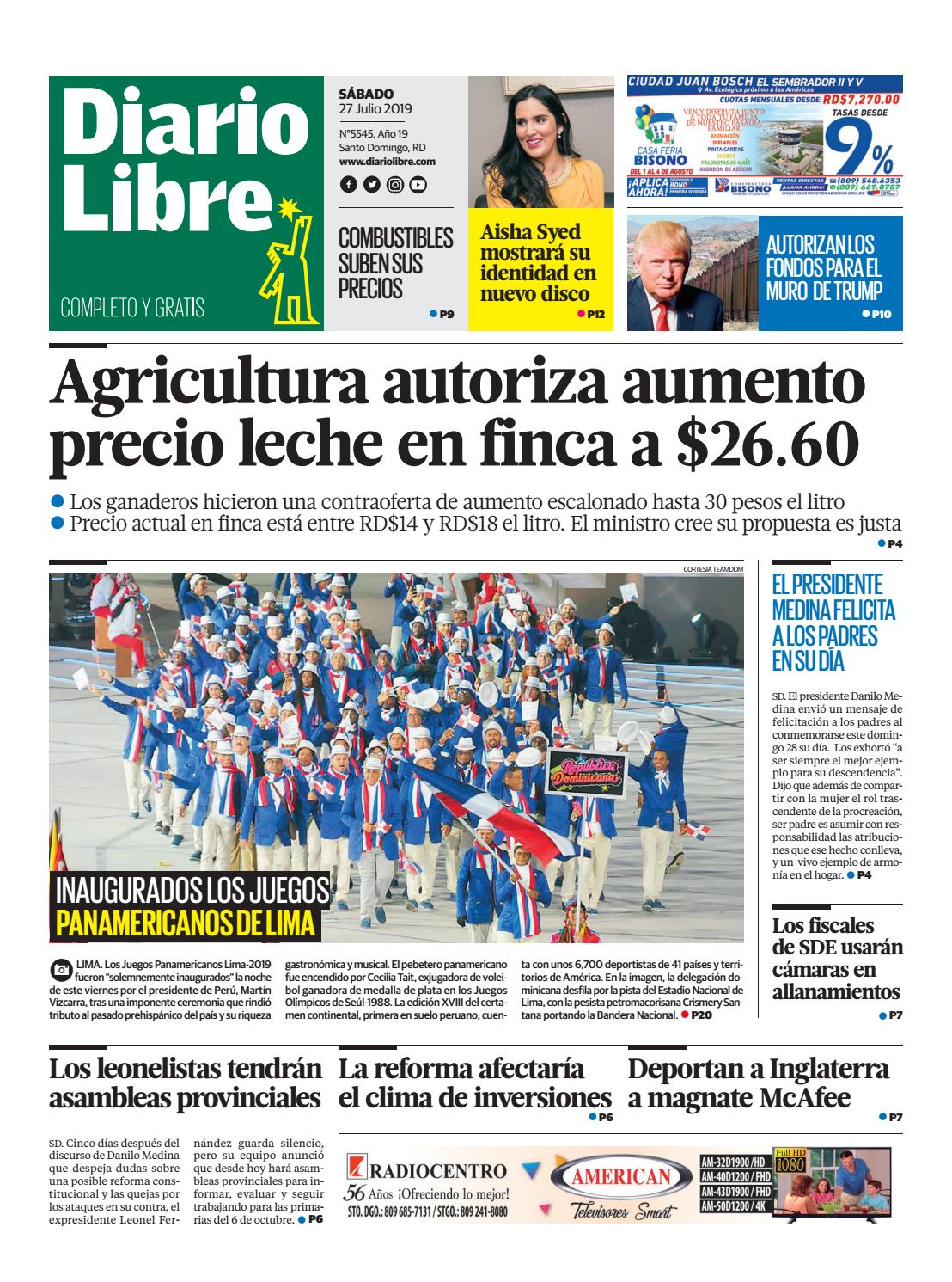 Portada Periódico Diario Libre, Sábado 27 de Julio, 2019
