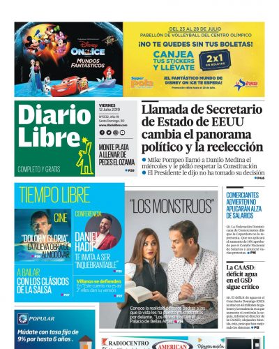 Portada Periódico Diario Libre, Viernes 12 de Julio, 2019