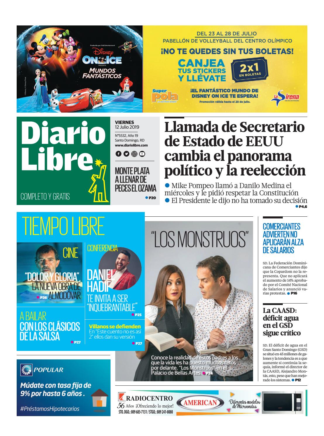 Portada Periódico Diario Libre, Viernes 12 de Julio, 2019