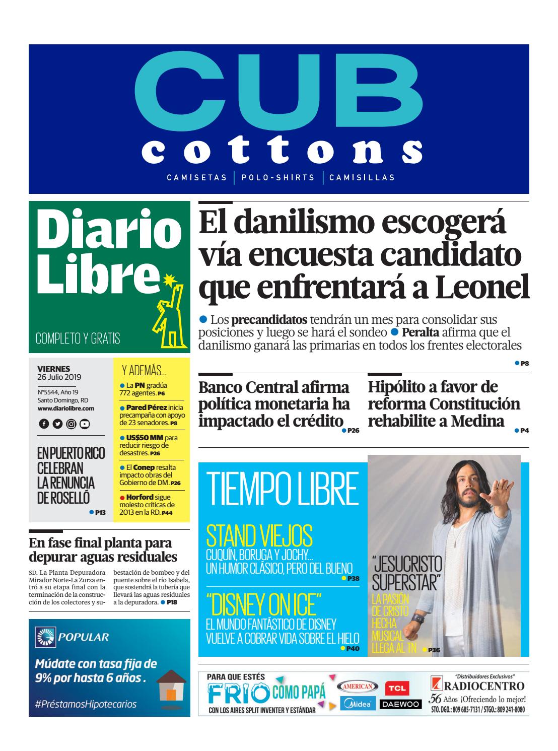 Portada Periódico Diario Libre, Viernes 26 de Julio, 2019