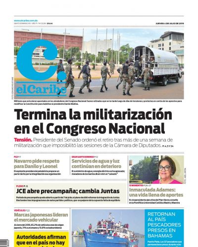 Portada Periódico El Caribe, Jueves 04 de Julio, 2019