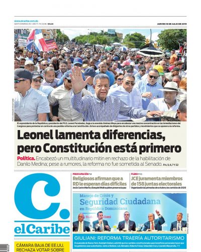 Portada Periódico El Caribe, Jueves 18 de Julio, 2019