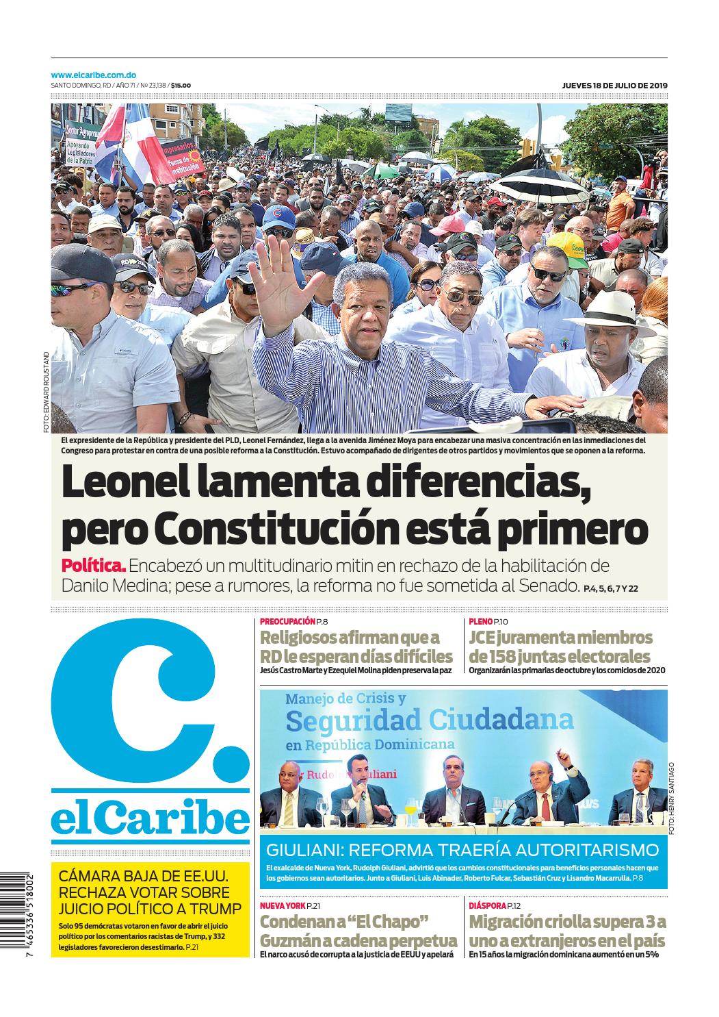 Portada Periódico El Caribe, Jueves 18 de Julio, 2019