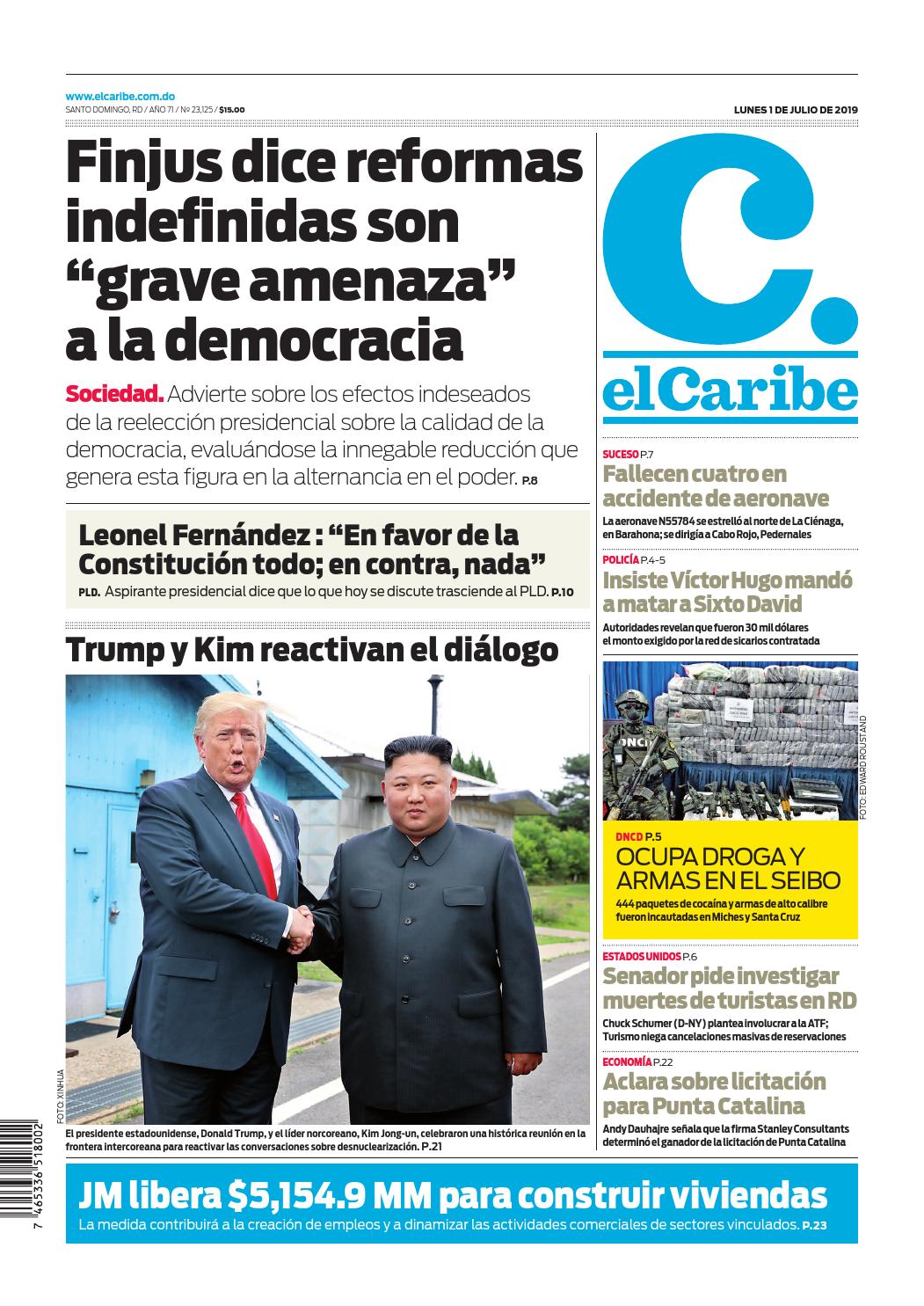 Portada Periódico El Caribe, Lunes 01 de Julio, 2019