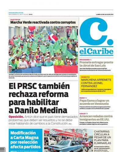 Portada Periódico El Caribe, Lunes 15 de Julio, 2019