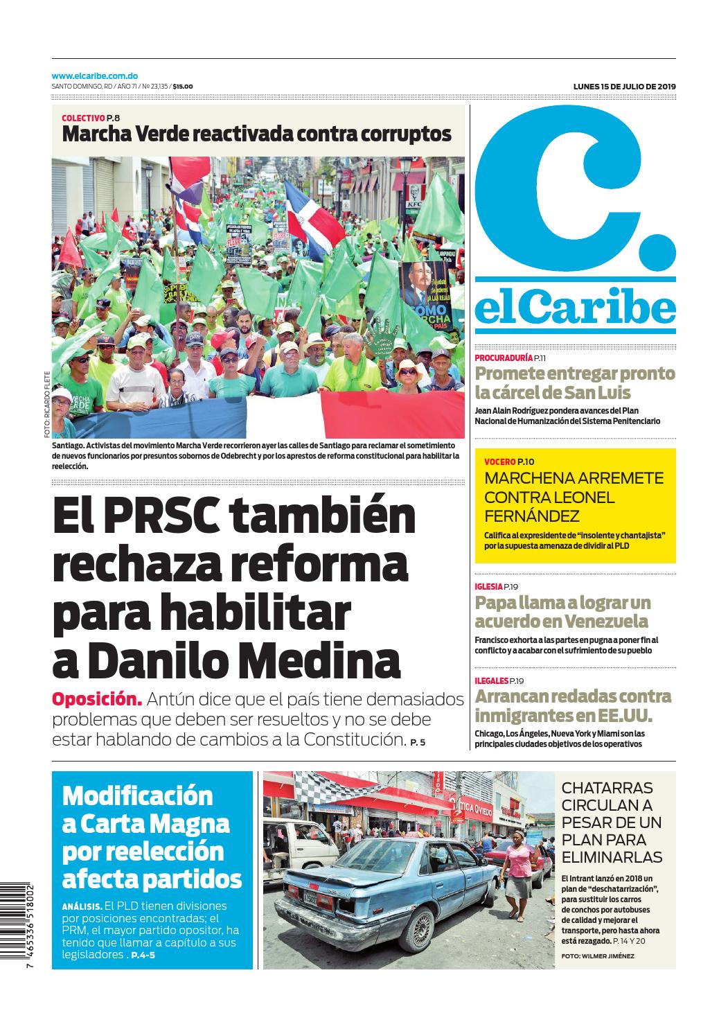 Portada Periódico El Caribe, Lunes 15 de Julio, 2019