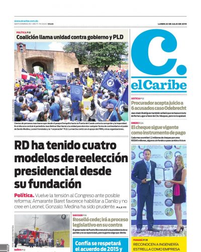 Portada Periódico El Caribe, Lunes 22 de Julio, 2019