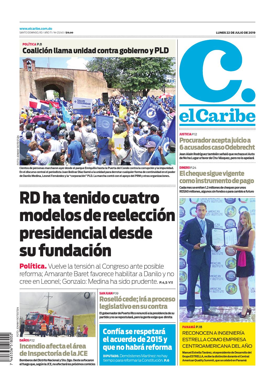 Portada Periódico El Caribe, Lunes 22 de Julio, 2019