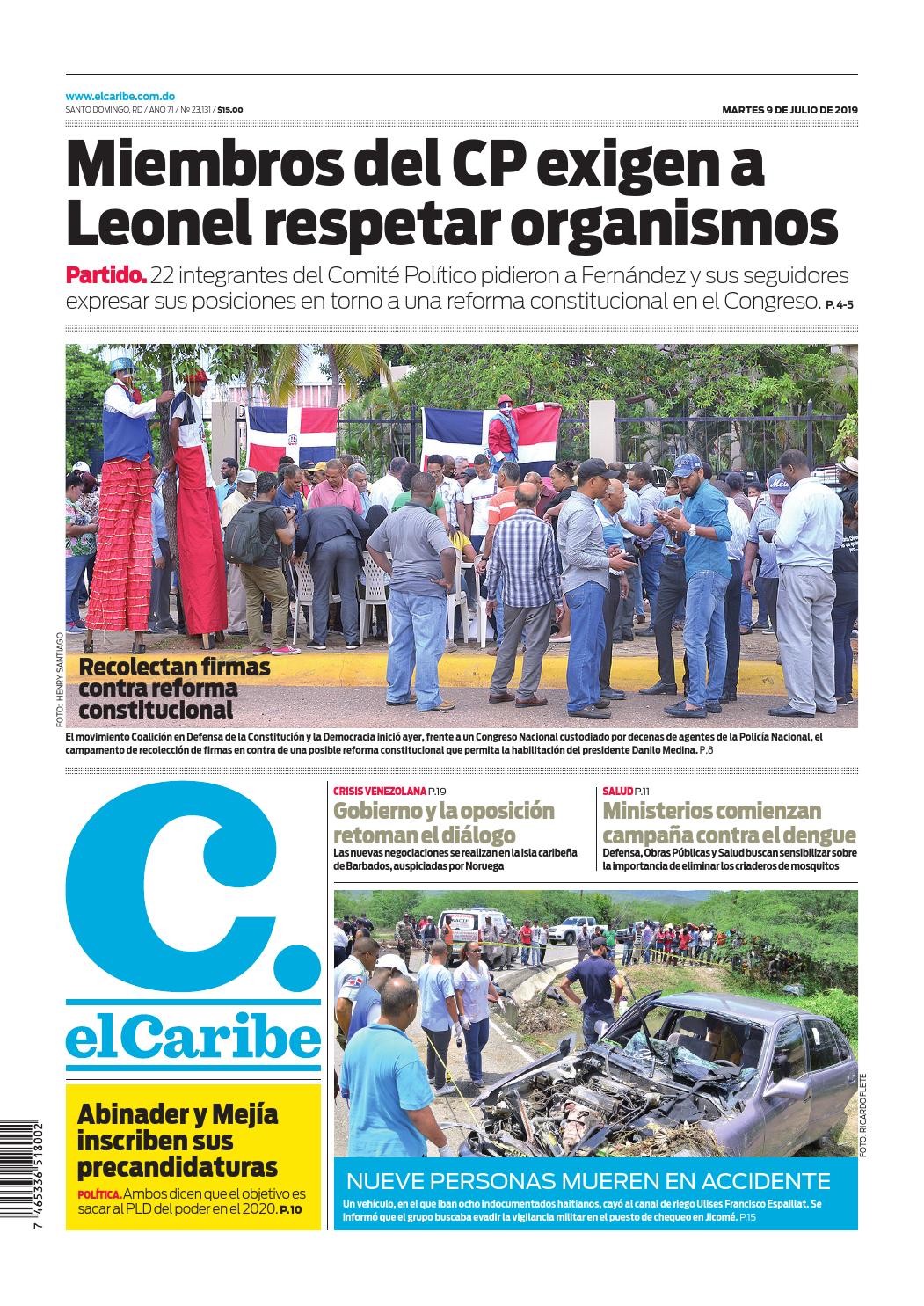 Portada Periódico El Caribe, Martes 09 de Julio, 2019