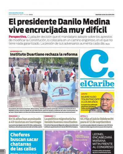 Portada Periódico El Caribe, Martes 16 de Julio, 2019