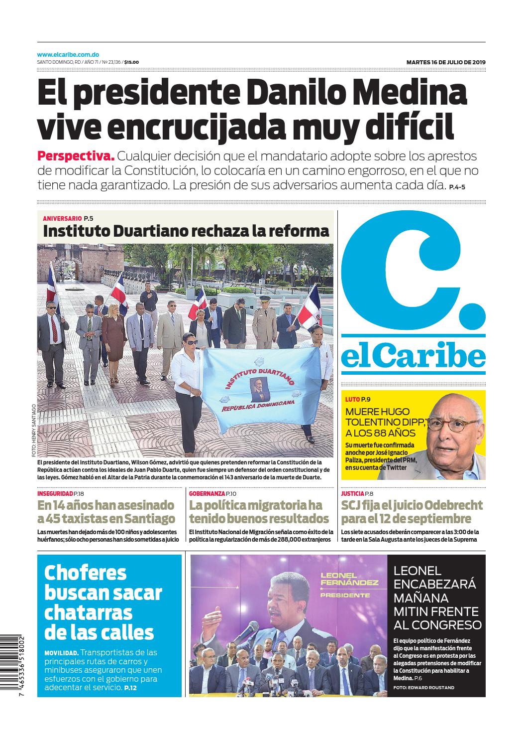 Portada Periódico El Caribe, Martes 16 de Julio, 2019
