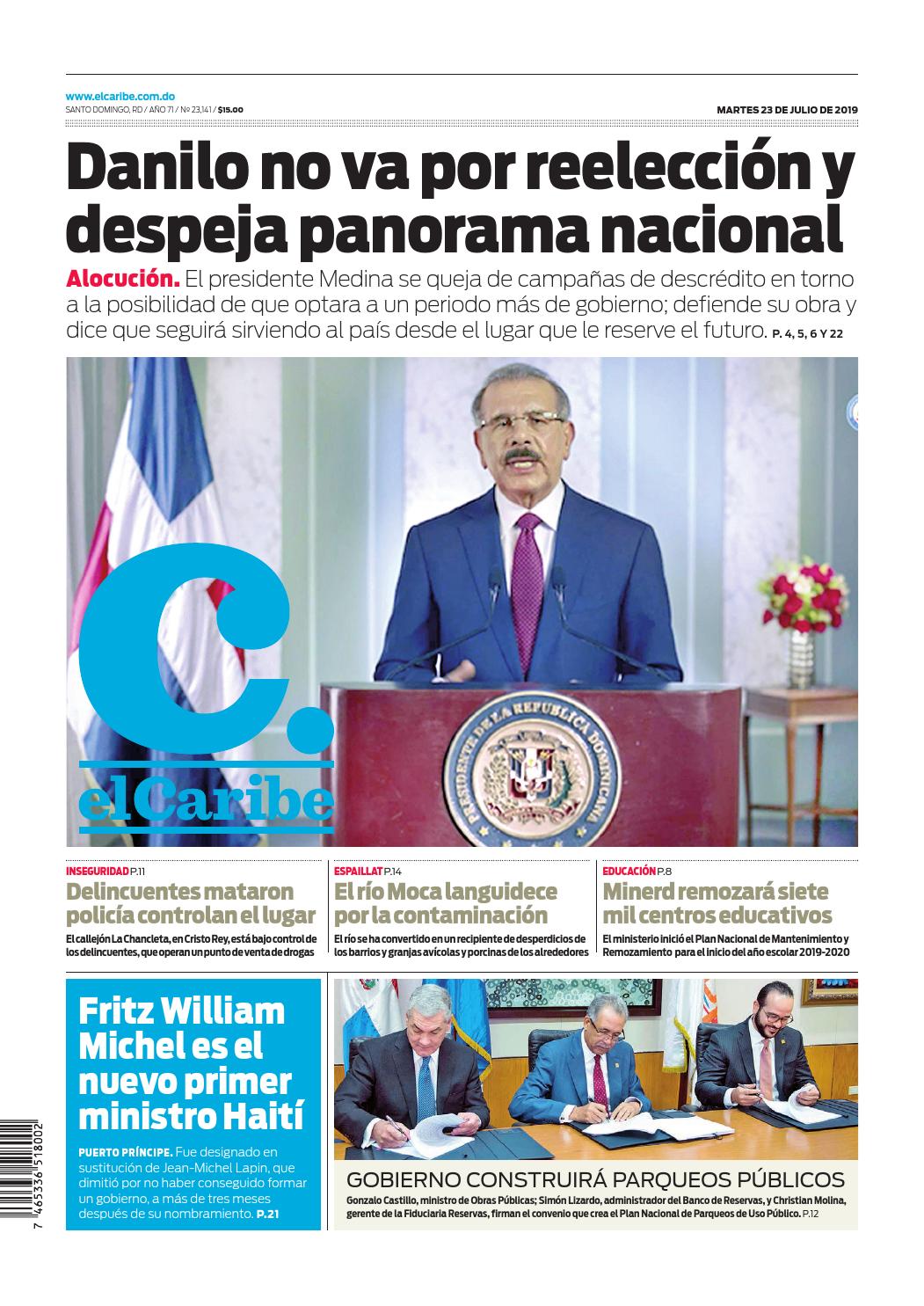 Portada Periódico El Caribe, Martes 23 de Julio, 2019