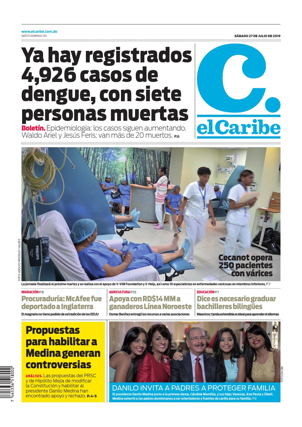 Portada Periódico El Caribe, Sábado 27 de Julio, 2019
