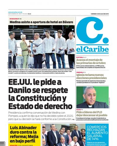 Portada Periódico El Caribe, Viernes 12 de Julio, 2019