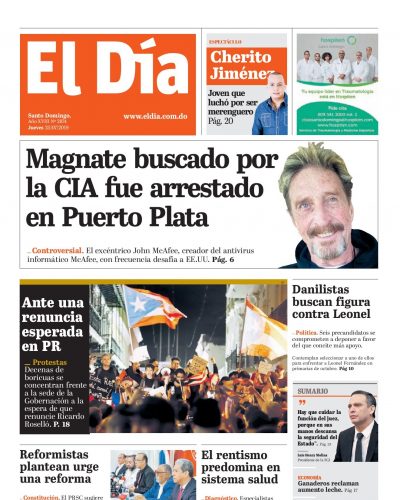 Portada Periódico El Día, Jueves 25 de Julio, 2019