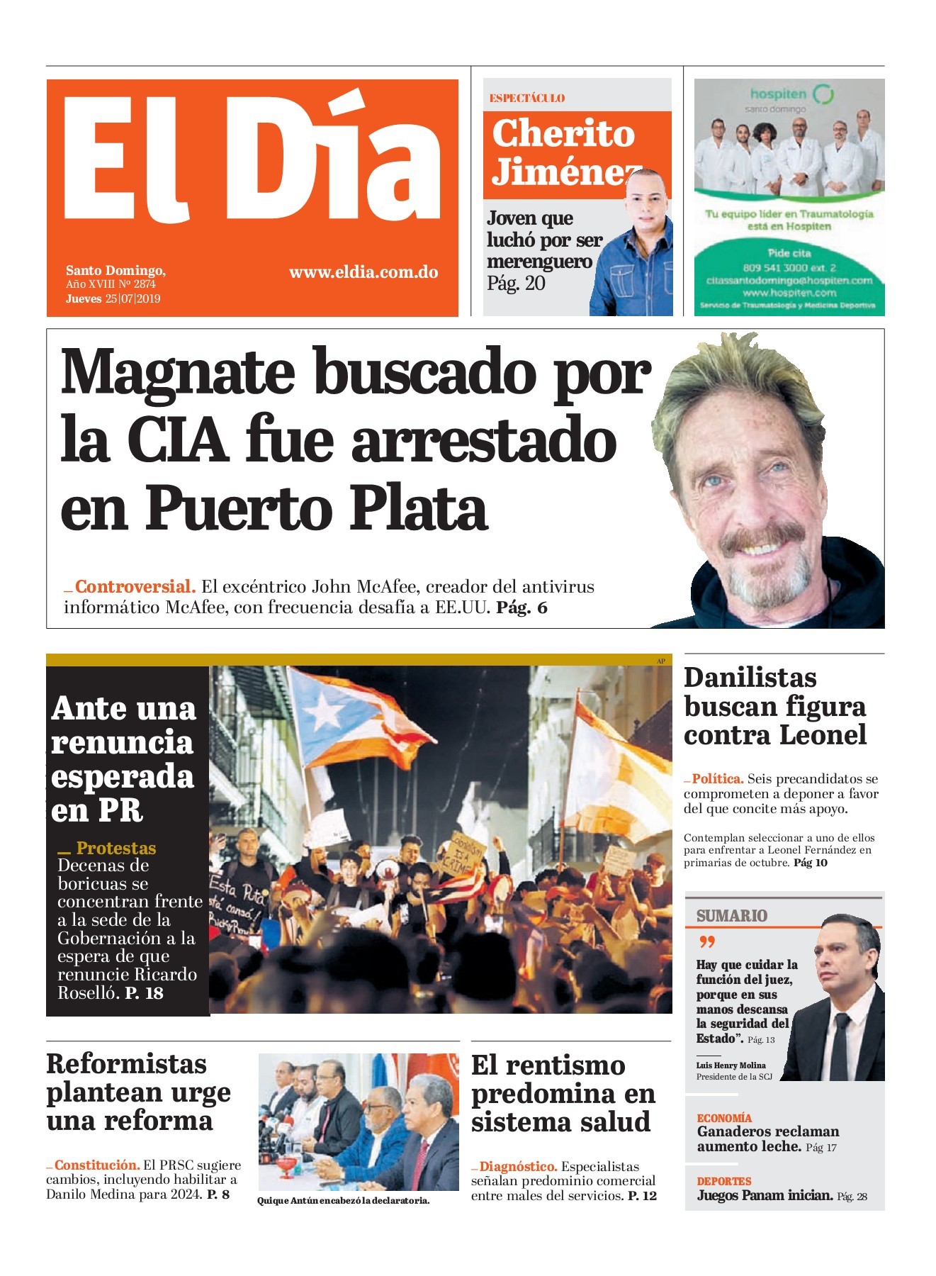 Portada Periódico El Día, Jueves 25 de Julio, 2019
