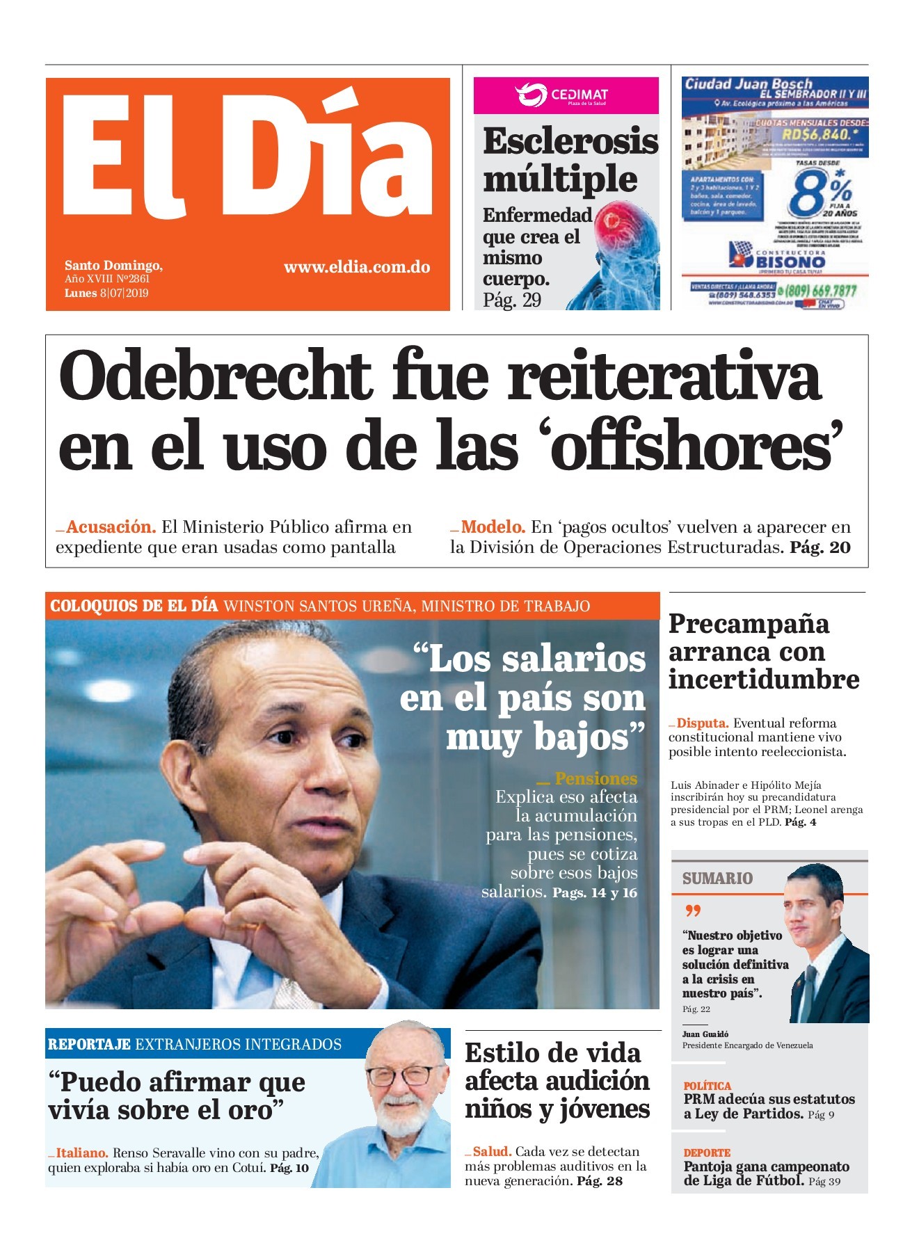 Portada Periódico El Día, Lunes 08 de Julio, 2019