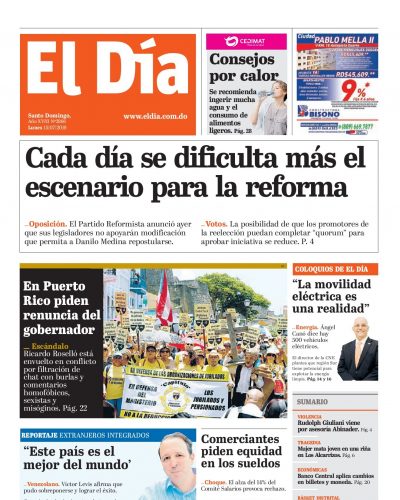 Portada Periódico El Día, Lunes 15 de Julio, 2019
