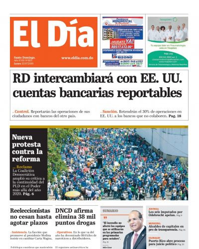 Portada Periódico El Día, Lunes 22 de Julio, 2019