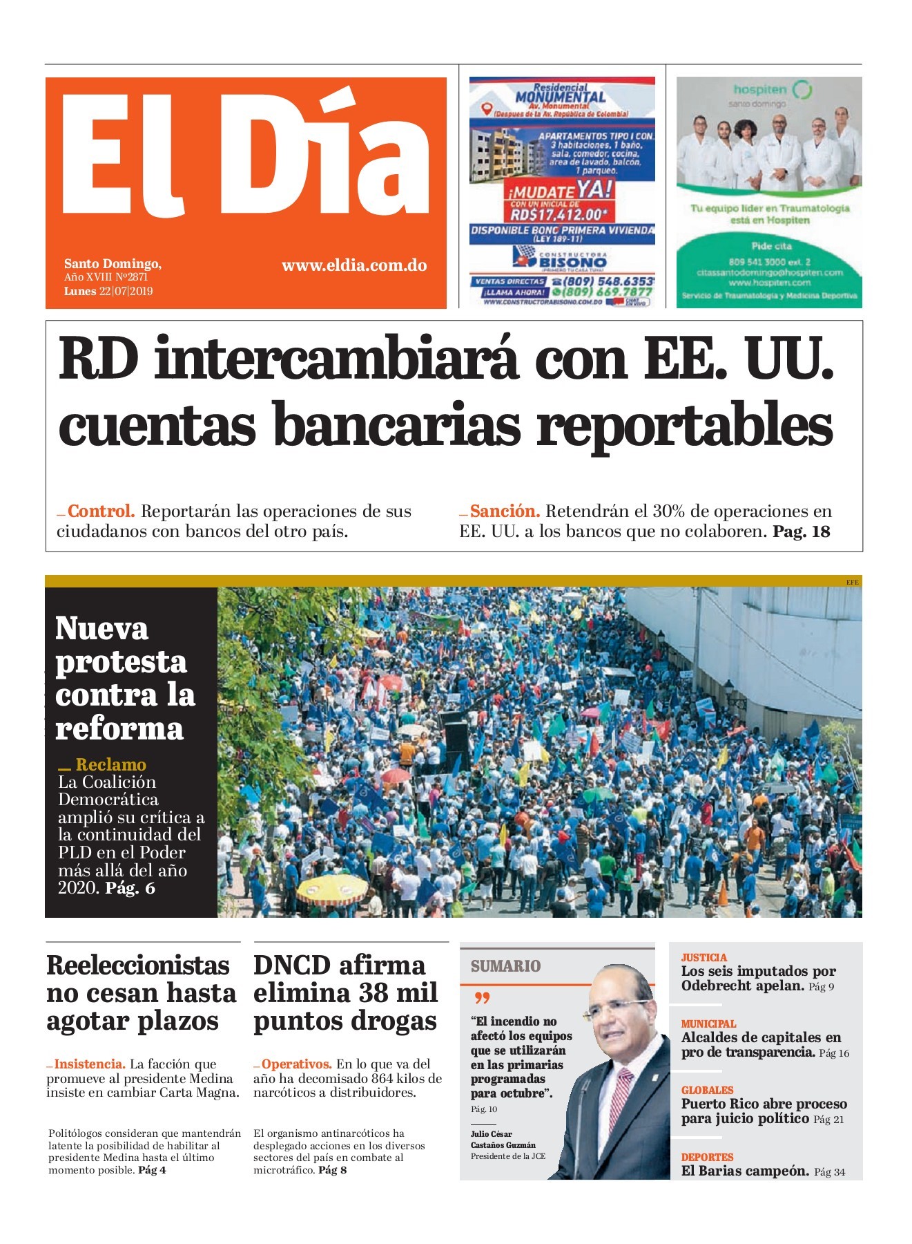 Portada Periódico El Día, Lunes 22 de Julio, 2019