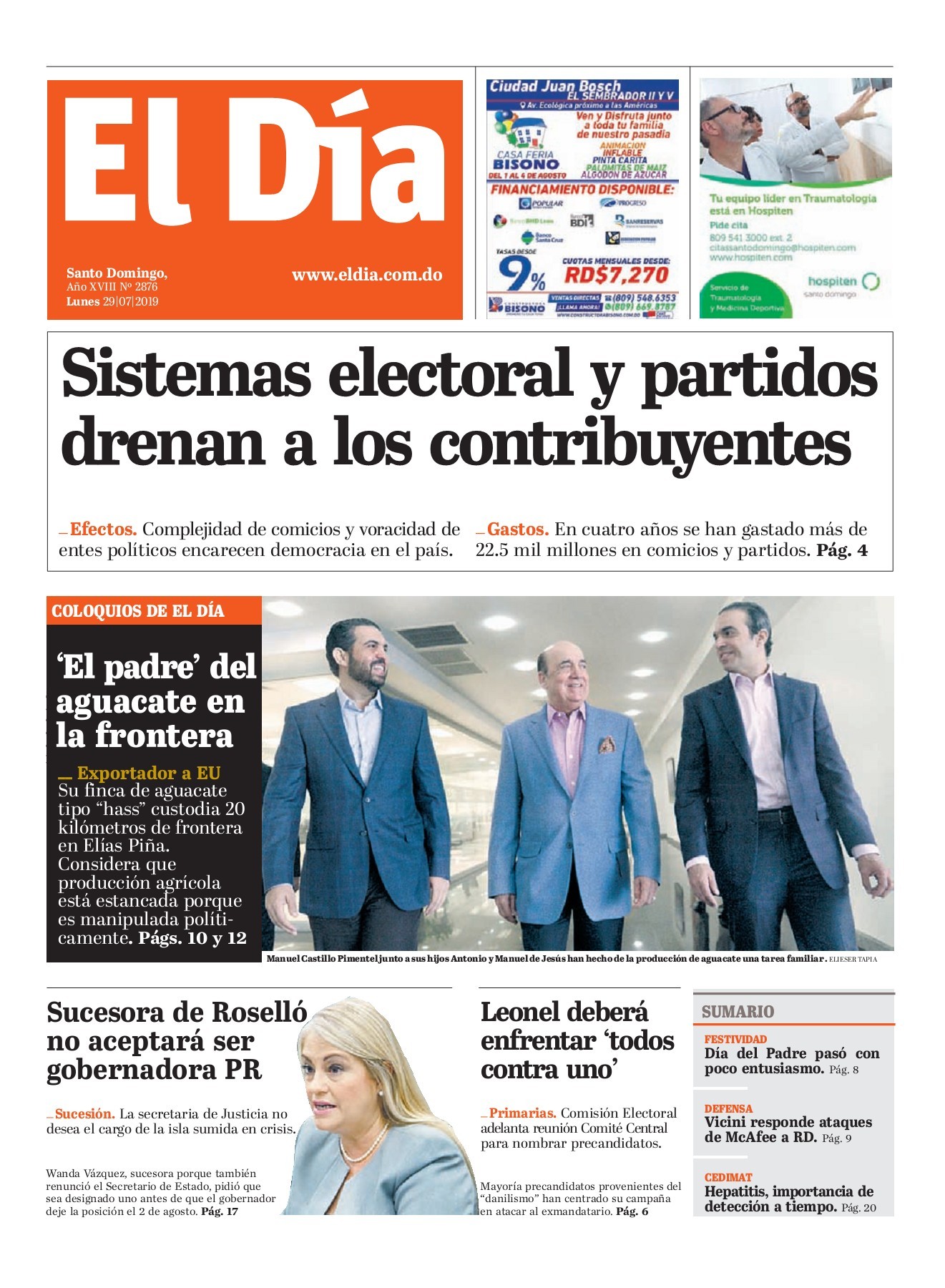 Portada Periódico El Día, Lunes 29 de Julio, 2019
