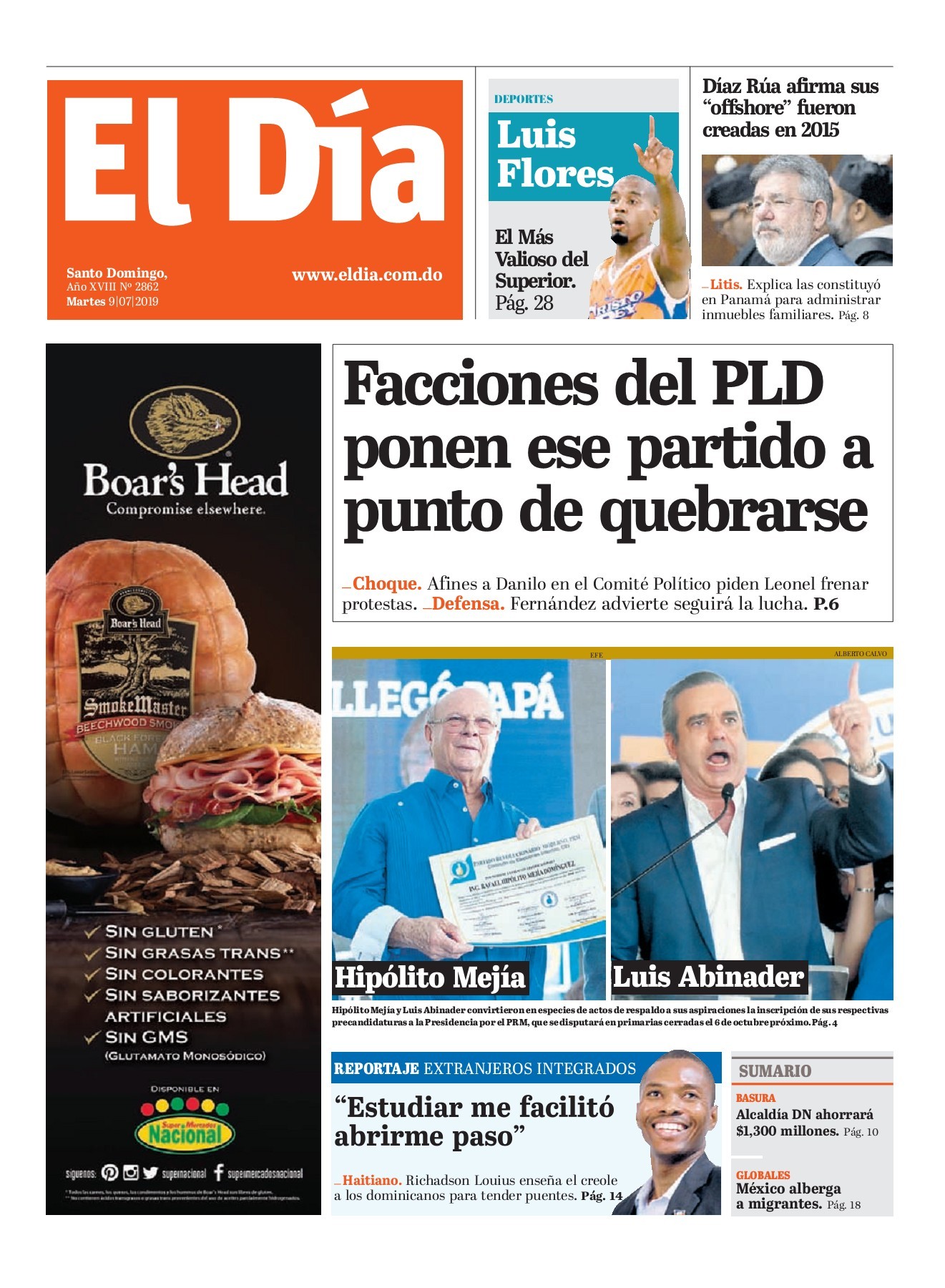 Portada Periódico El Día, Martes 09 de Julio, 2019