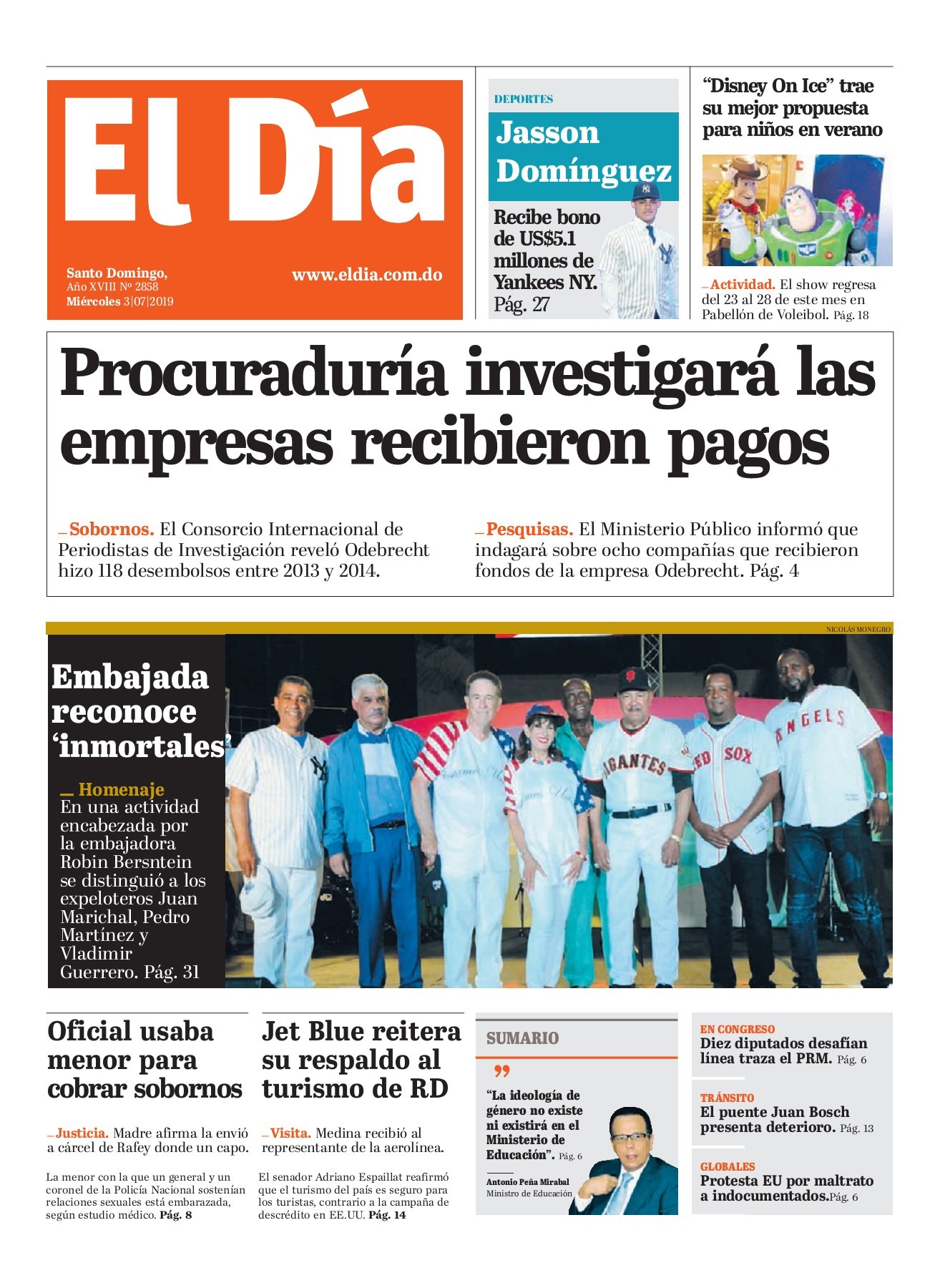 Portada Periódico El Día, Miércoles 03 de Julio, 2019