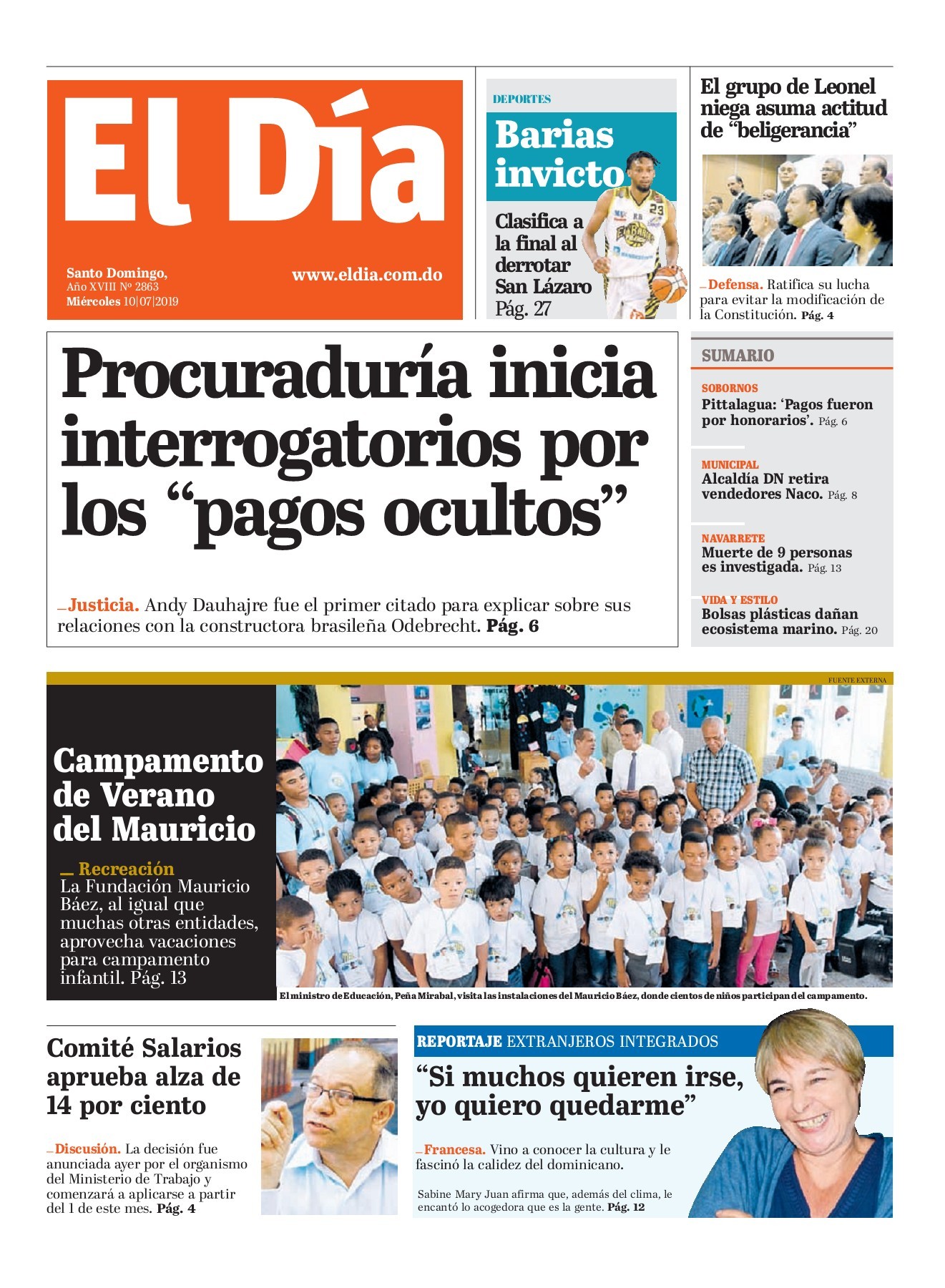 Portada Periódico El Día, Miércoles 10 de Julio, 2019