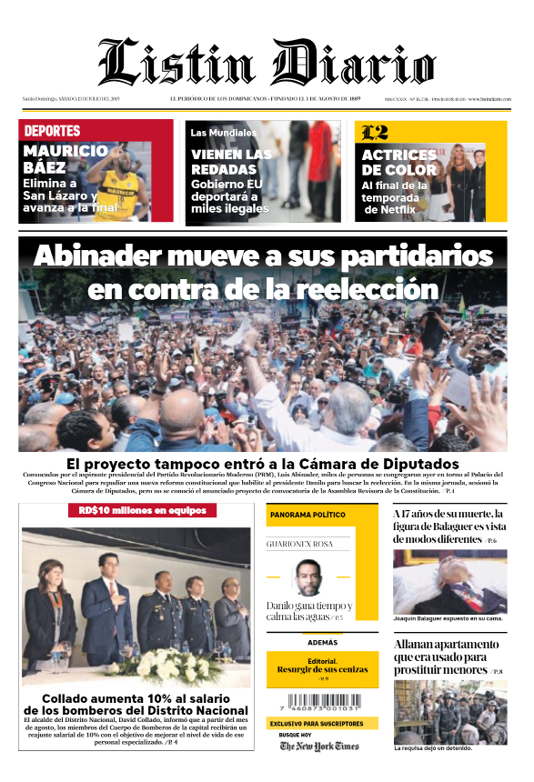 Portada Periódico El Día, Sábado 13 de Julio, 2019
