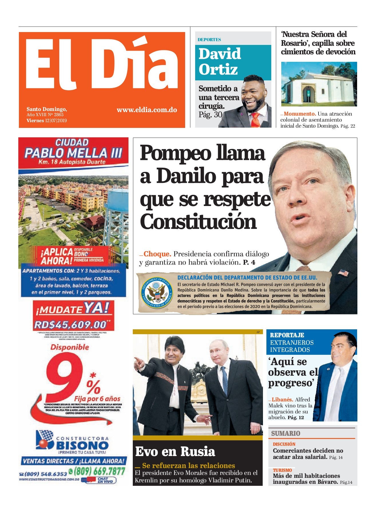 Portada Periódico El Día, Viernes 12 de Julio, 2019