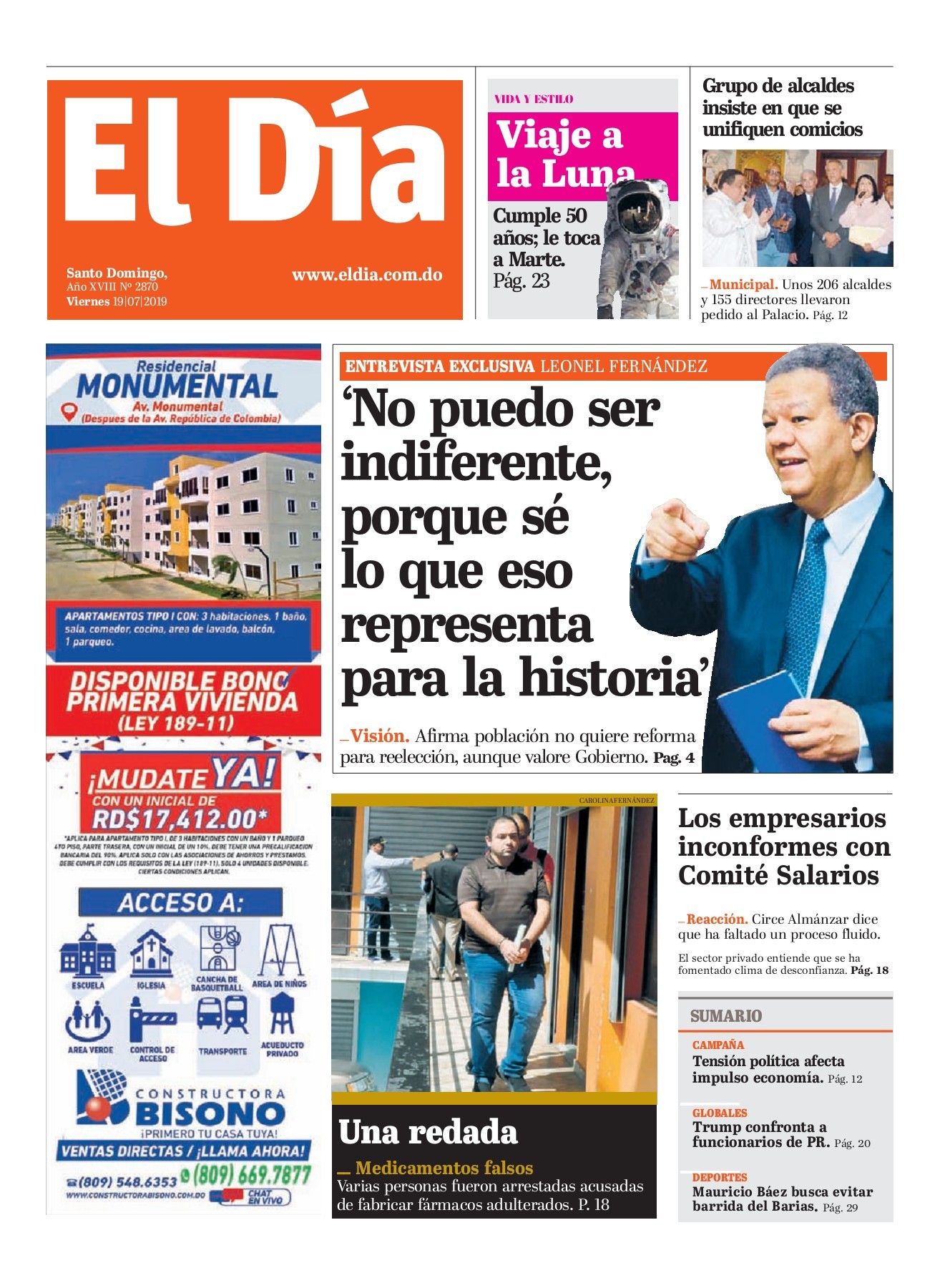 Portada Periódico El Día, Viernes 19 de Julio, 2019
