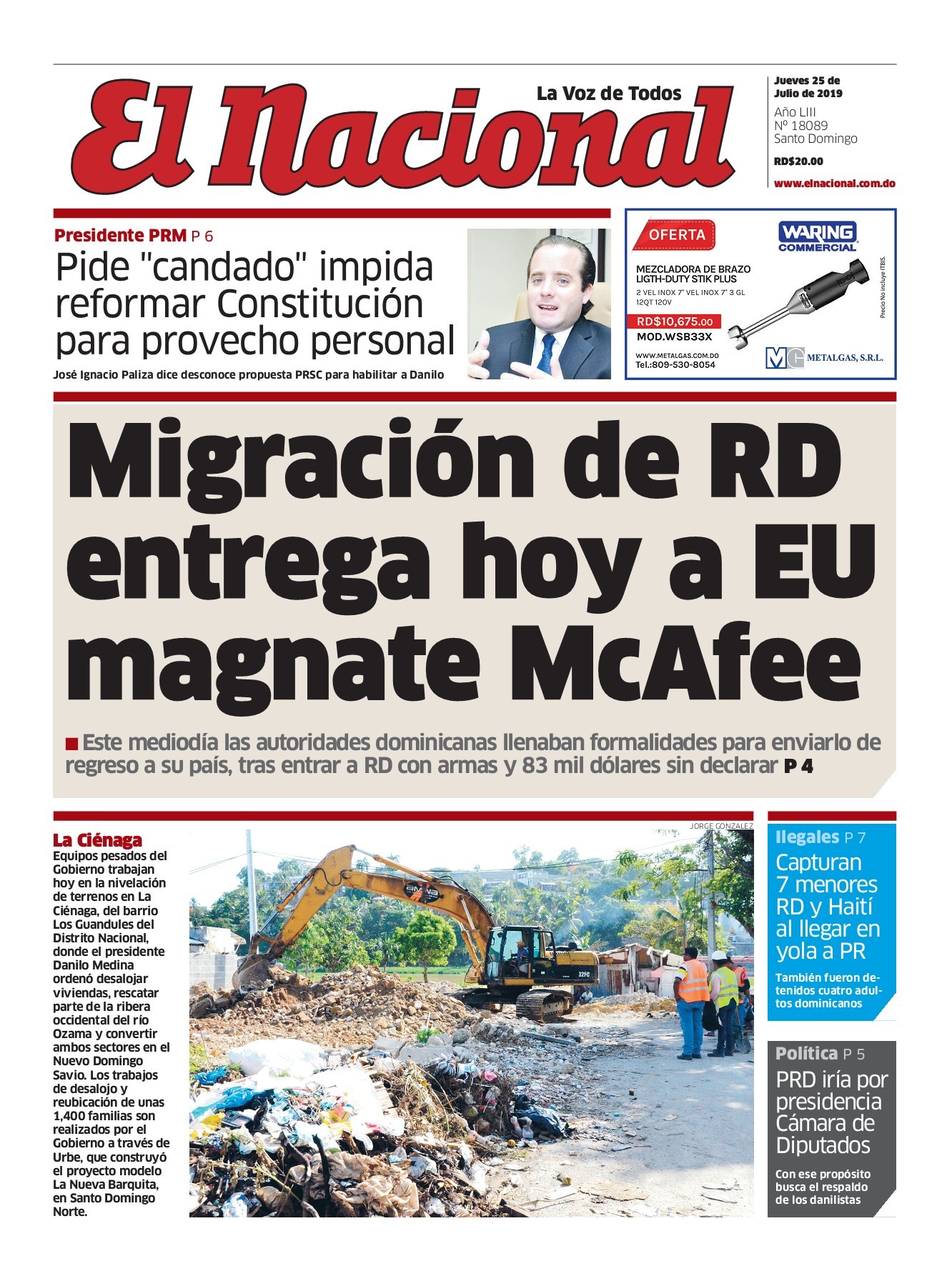 Portada Periódico El Nacional, Jueves 25 de Julio, 2019