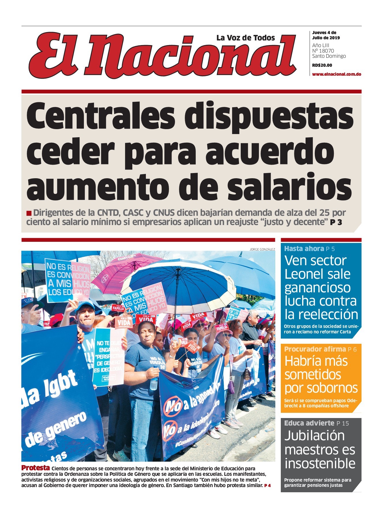 Portada Periódico El Nacional, Jueves 04 de Julio, 2019