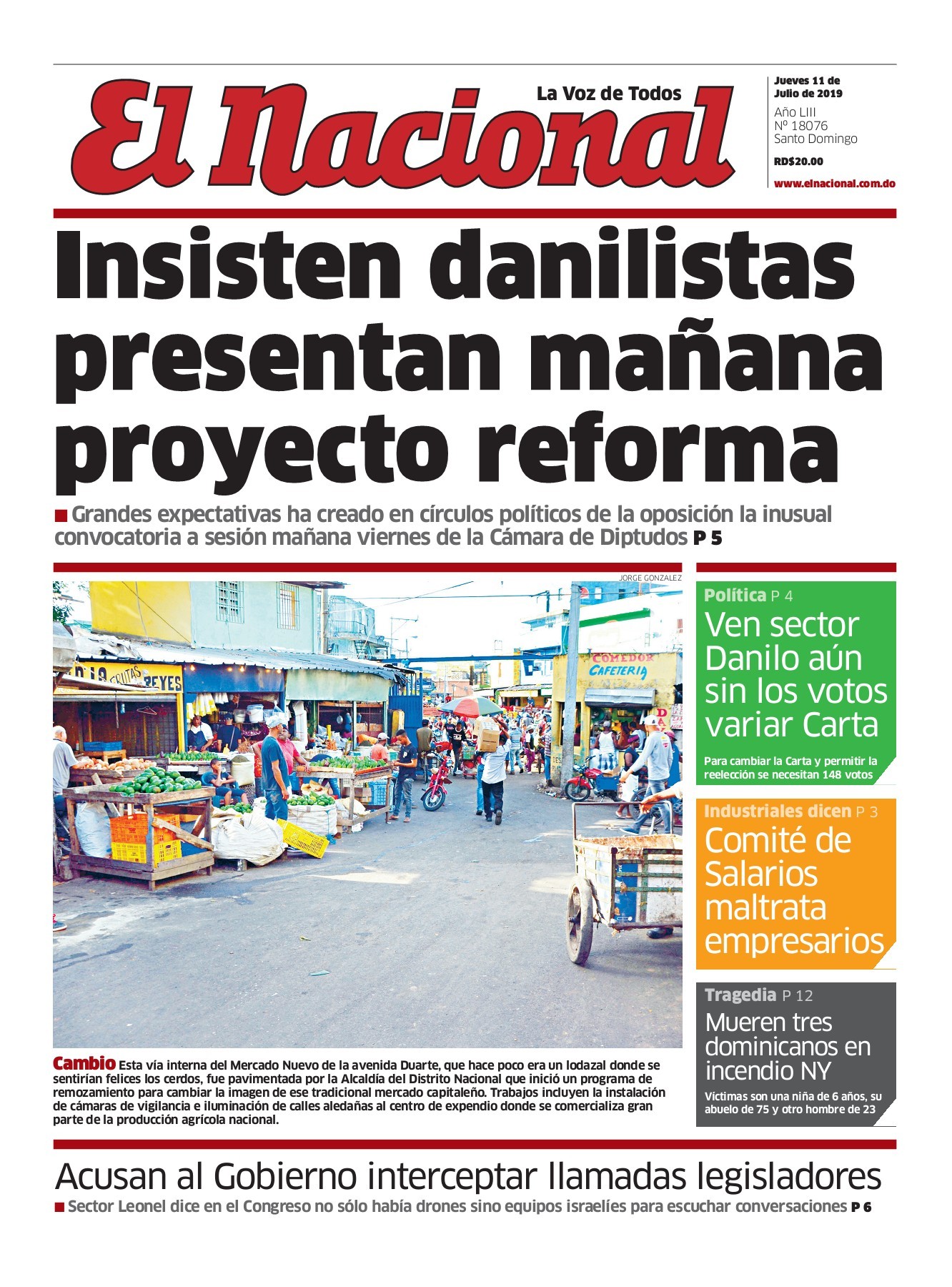 Portada Periódico El Nacional, Jueves 11 de Julio, 2019