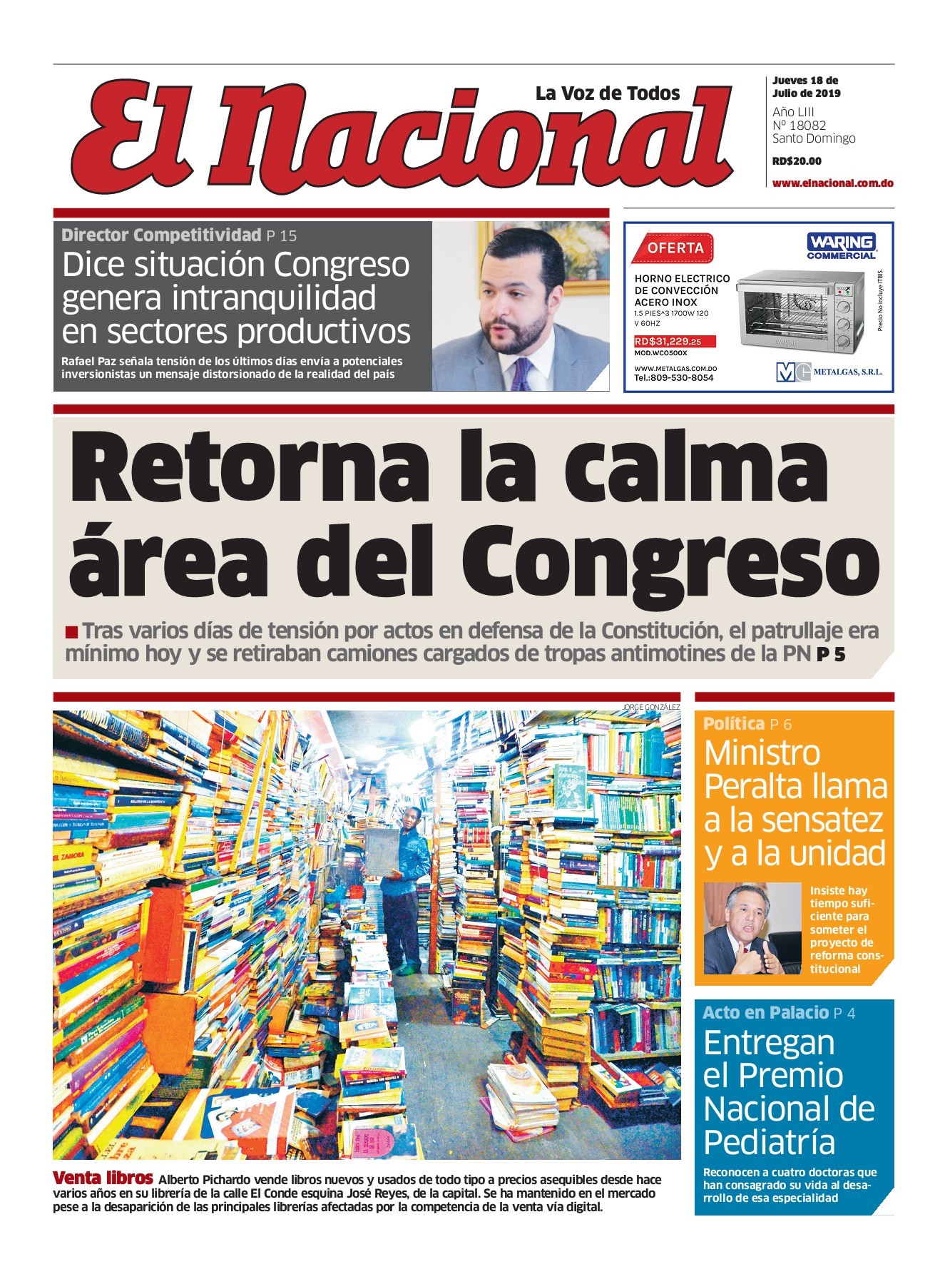 Portada Periódico El Nacional, Jueves 18 de Julio, 2019