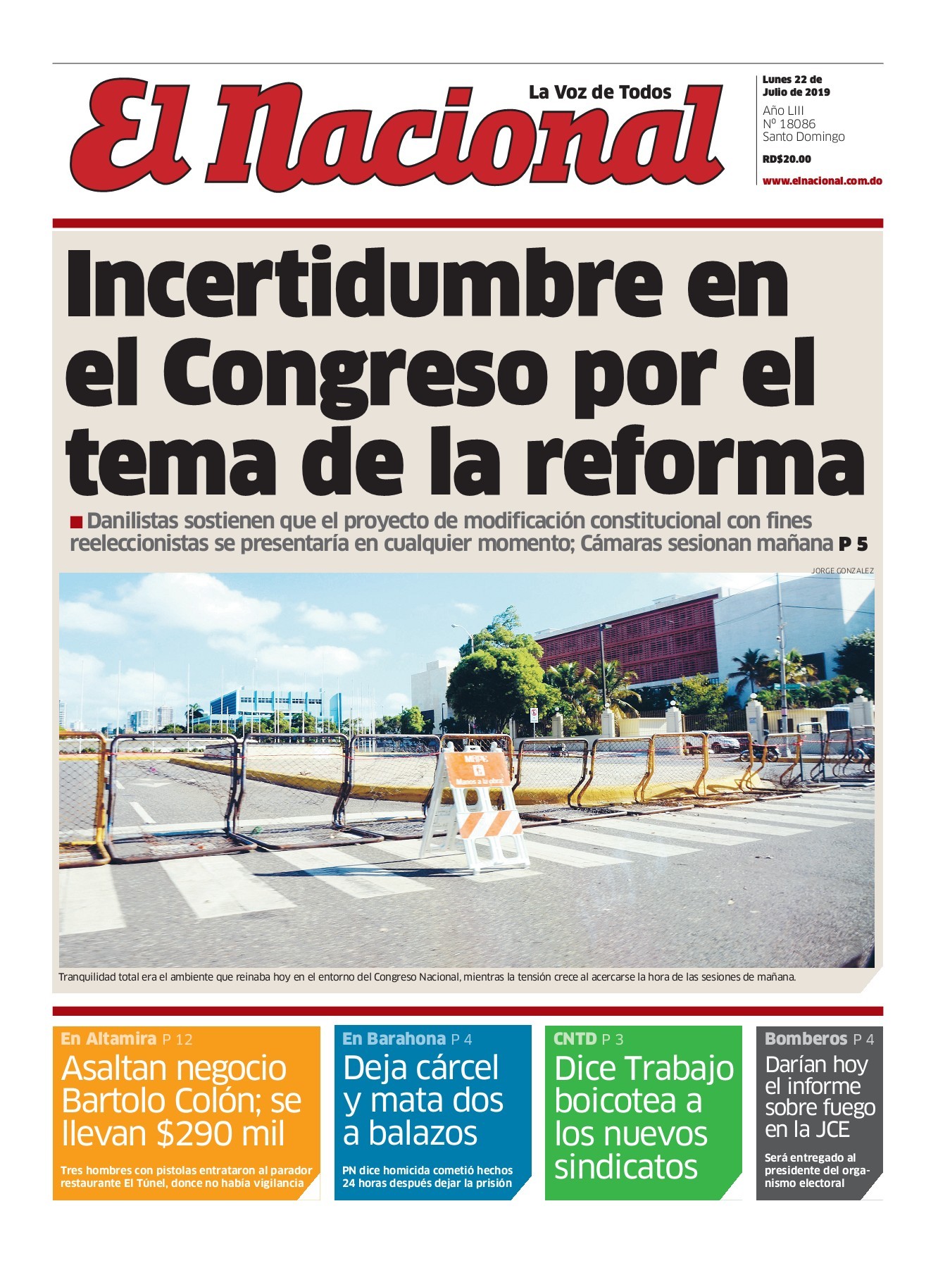Portada Periódico El Nacional, Lunes 22 de Julio, 2019