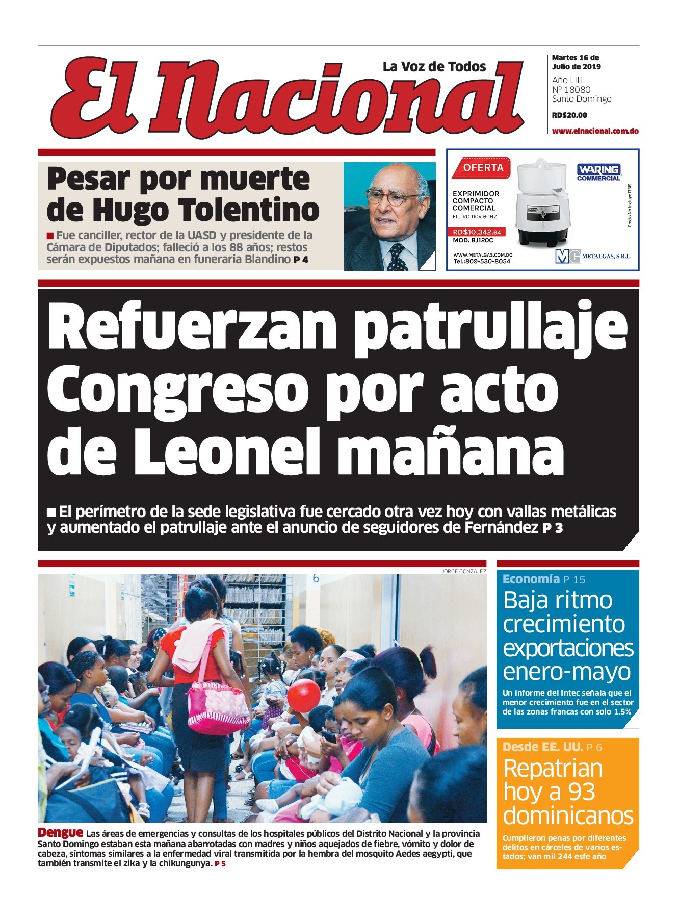 Portada Periódico El Nacional, Martes 16 de Julio, 2019